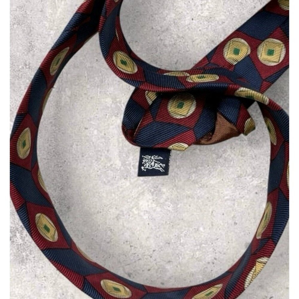 NEW BURBERRYS Silk Tie USA Blue Burgundy Gold Geometric W:3.8" - Picture 5 of 7